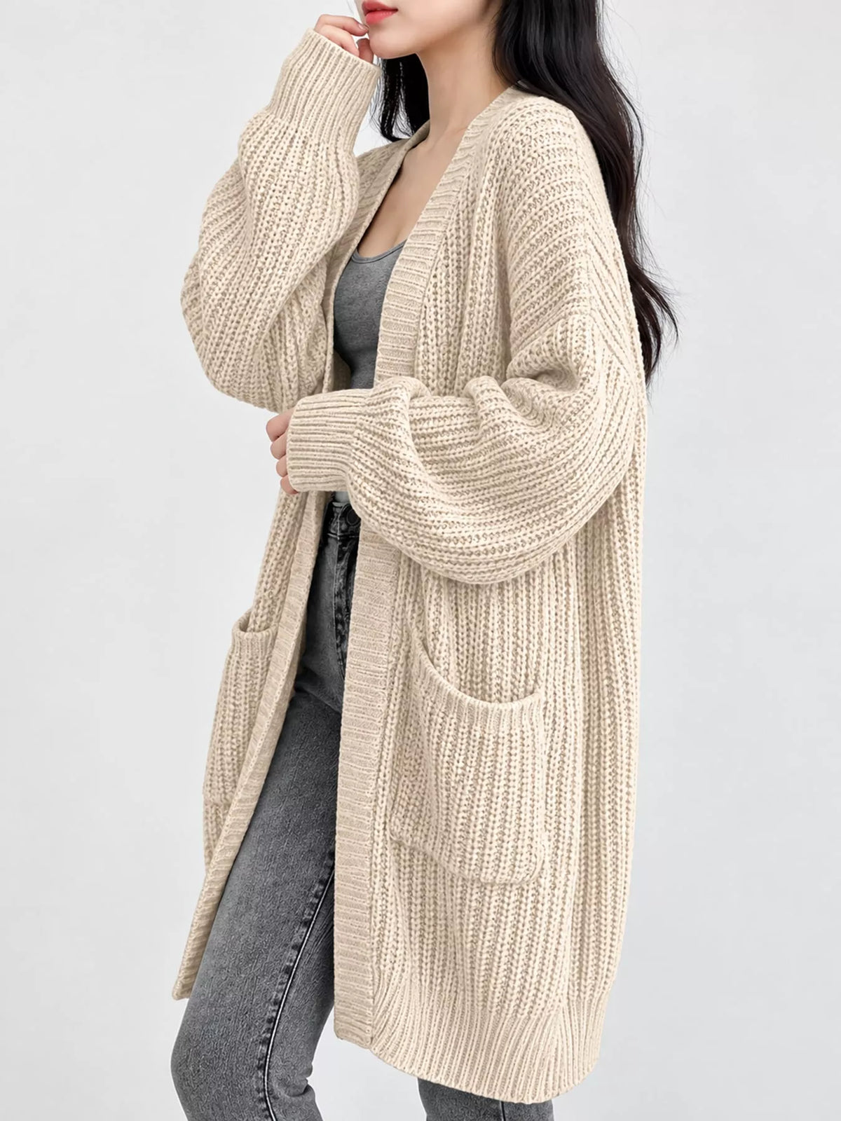 Chunky-Knit Openwork Front Longline Cardigan in Black - women's cardigan