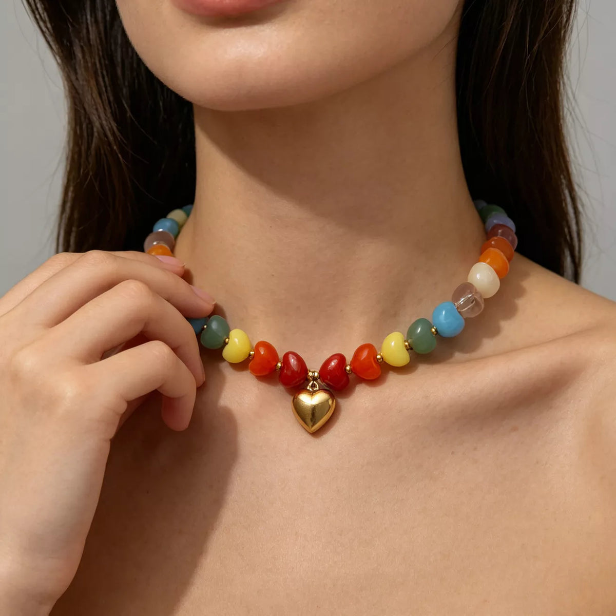 Colorful Heart Pendant Beaded Collarbone Necklace - alternate necklace view