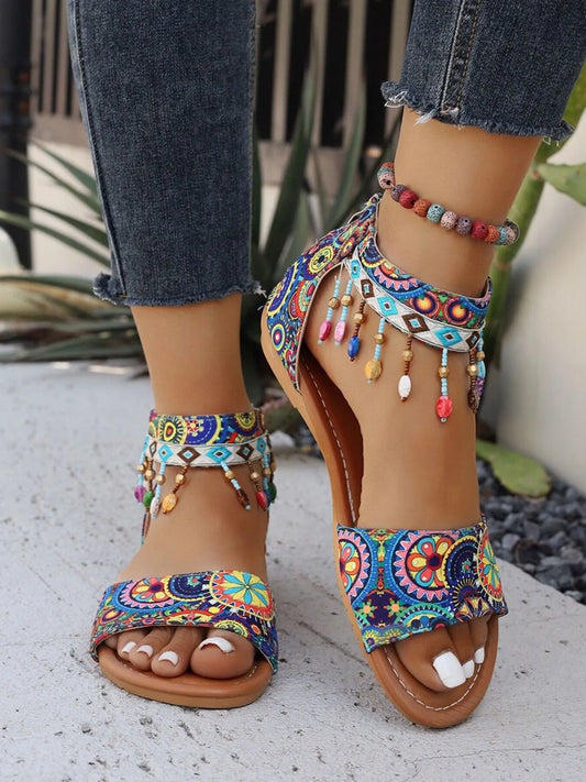 Beaded Ankle Strap Sandals in Color - women's strappy flat sandals