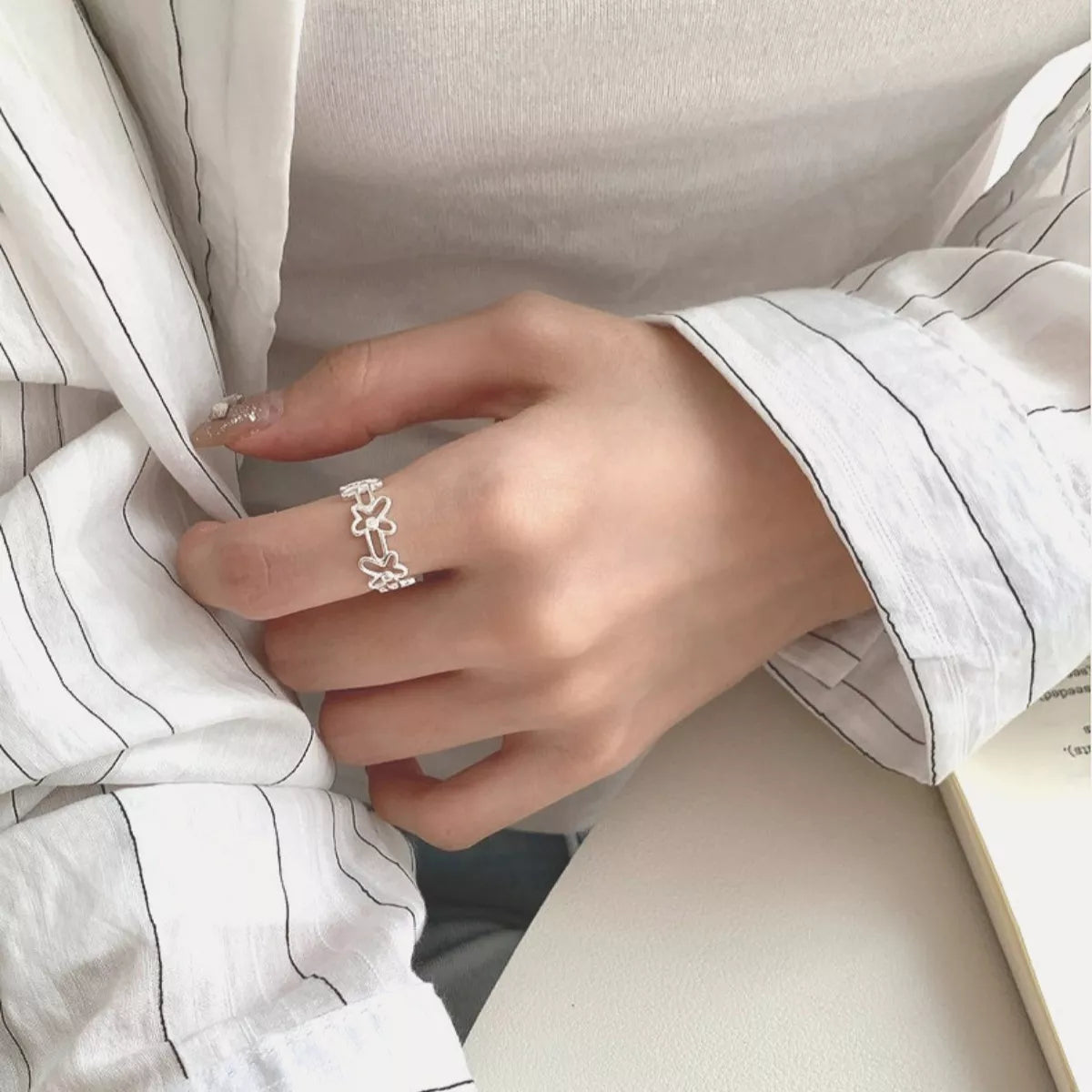 Sterling Silver Flower Open Ring in Silver - women's open ring