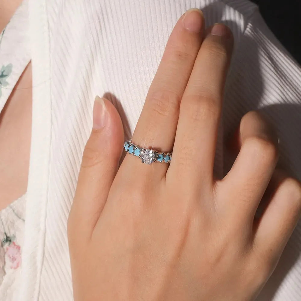 Inlaid Artificial Turquoise Zircon Sterling Silver Ring in Silver - women's ring