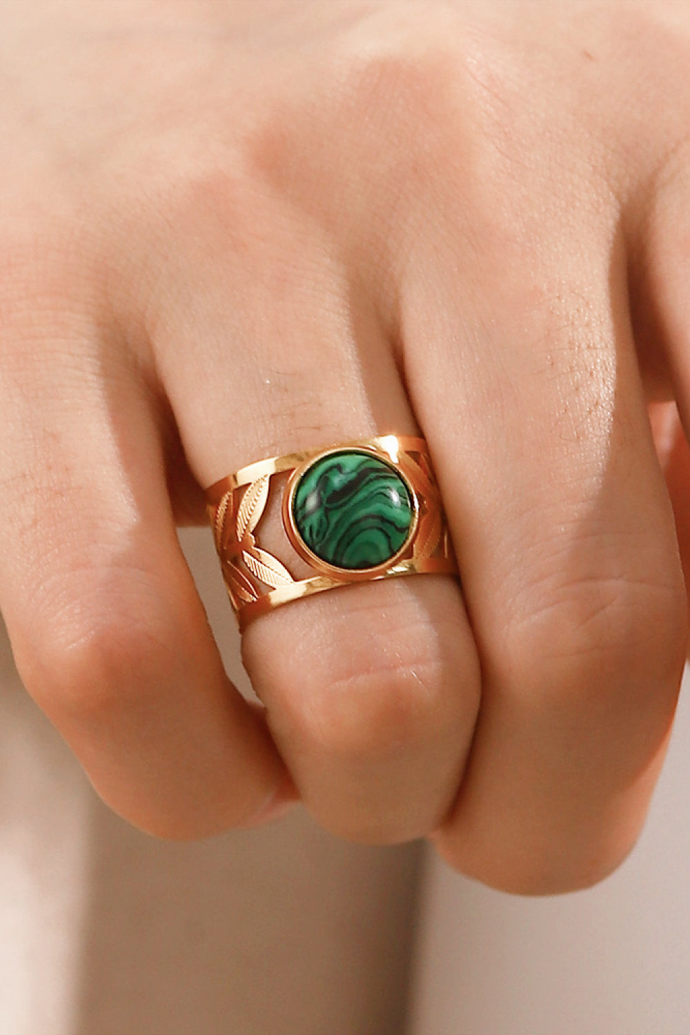 18K Gold-Plated Malachite Leaf Ring - alternate ring view