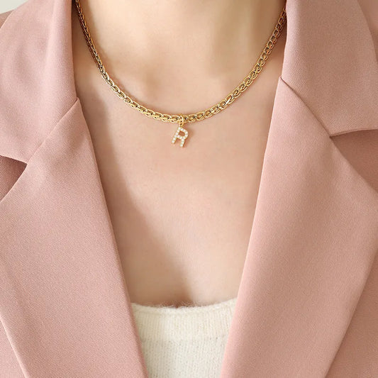 Brass Inlaid Zircon Letter Pendant Necklace in Style R - women's pendant necklace