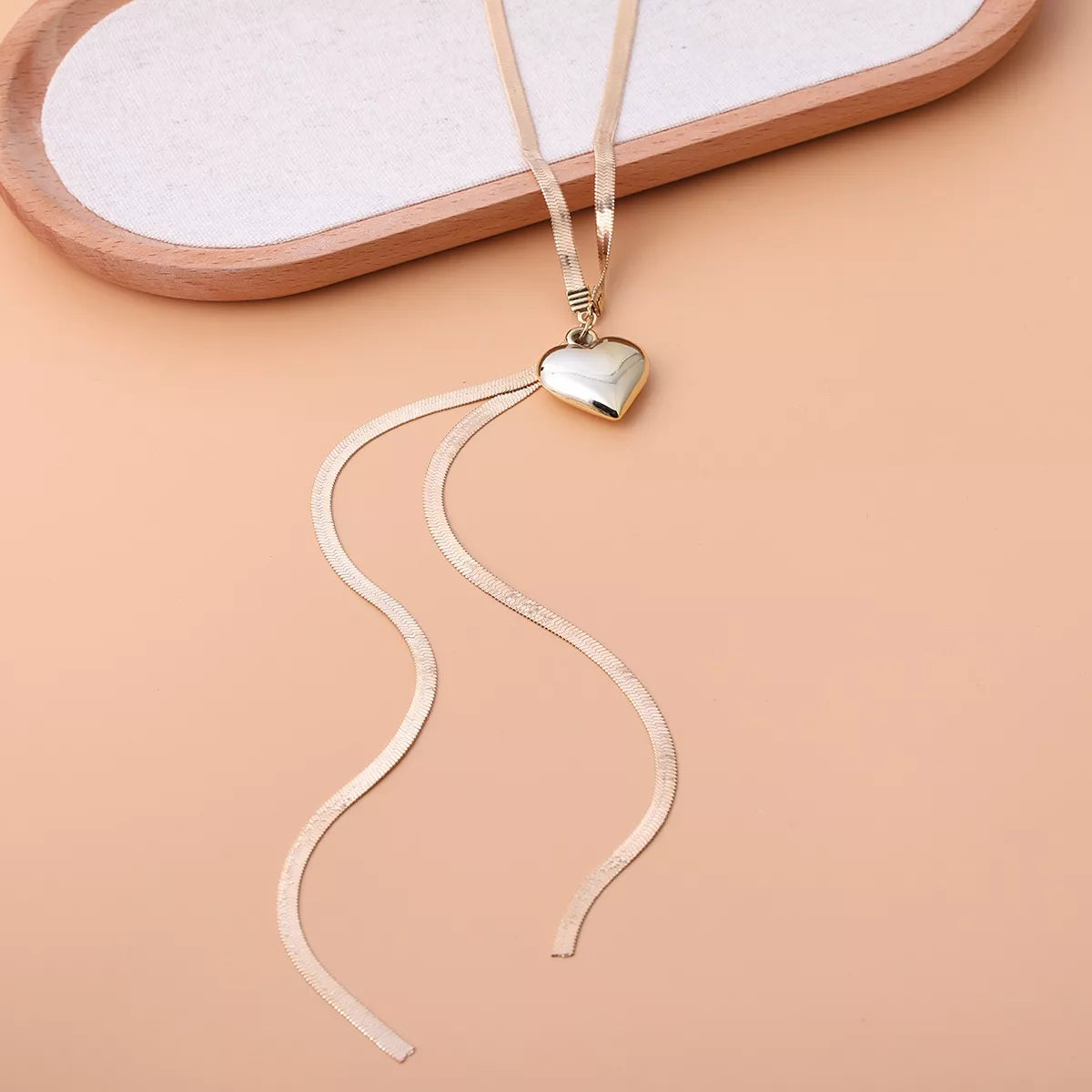 Gold-Tone Herringbone Chain Necklace with Heart Pendant Lariat Design - alternate necklace view