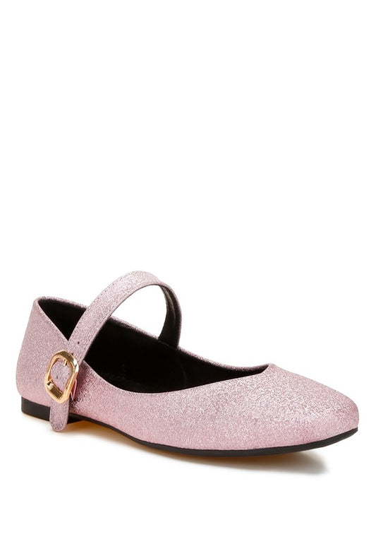 Glitter Pin Buckle Ballerinas made with glitter faux leather and featuring a comfortable cushion insole and TPR outer sole for style and comfort. The side pin buckle strap detail and closed square toe add a touch of elegance to these flat heel ballerinas. Free shipping on all orders. Shop now!