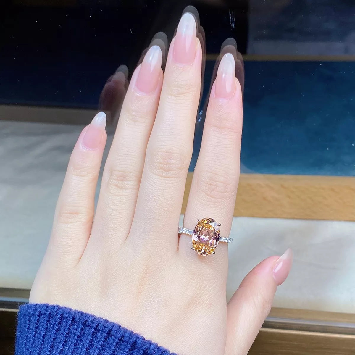 Sterling Silver Zircon Oval Ring in Watermelon pink - women's ring
