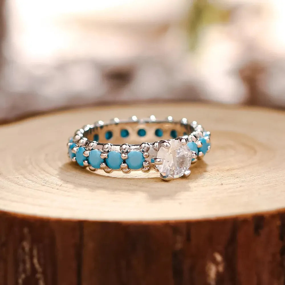 Inlaid Artificial Turquoise Zircon Sterling Silver Ring in Silver - women's ring