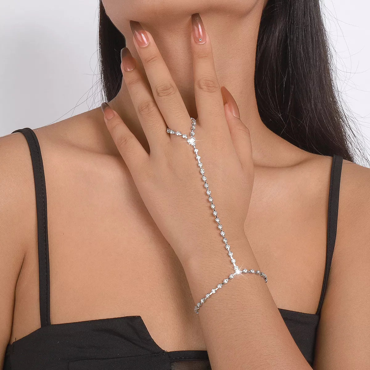 Alloy Rhinestone Bracelet with Ring in Silver - women's bracelet