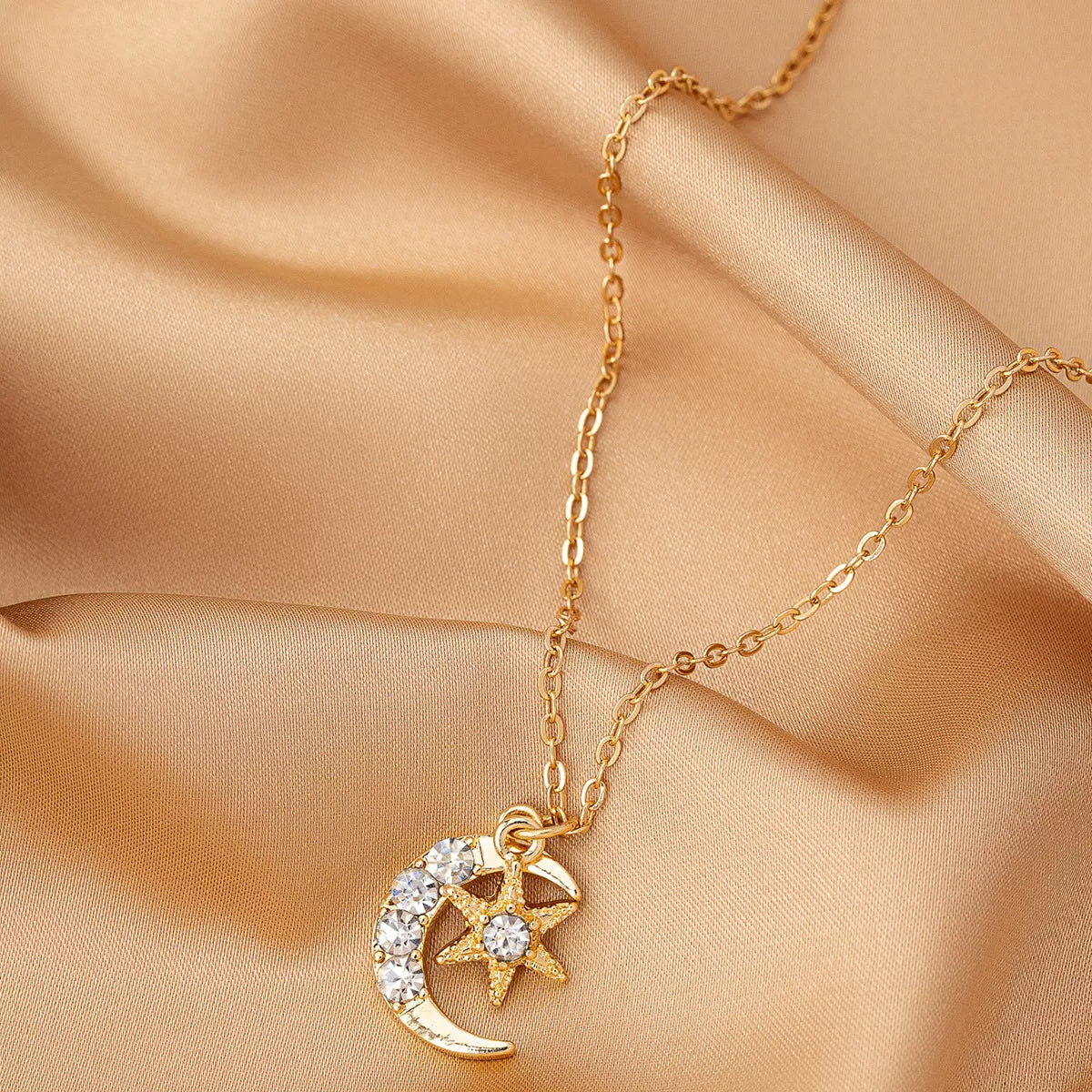 18K Gold-Plated Rhinestone Star & Moon Necklace - alternate necklace view