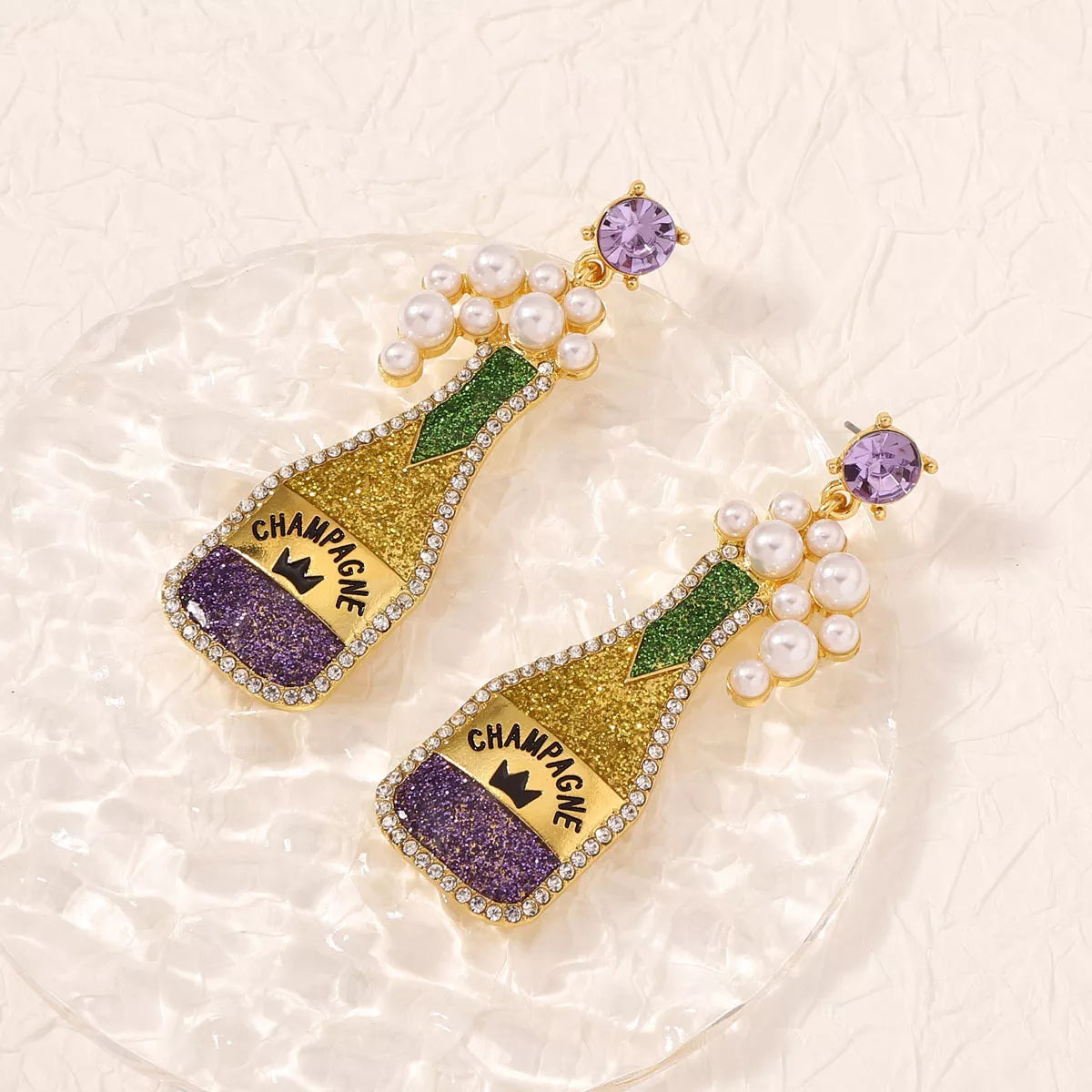 Champagne Bottle Earrings with Pearls in Purple - women's earrings