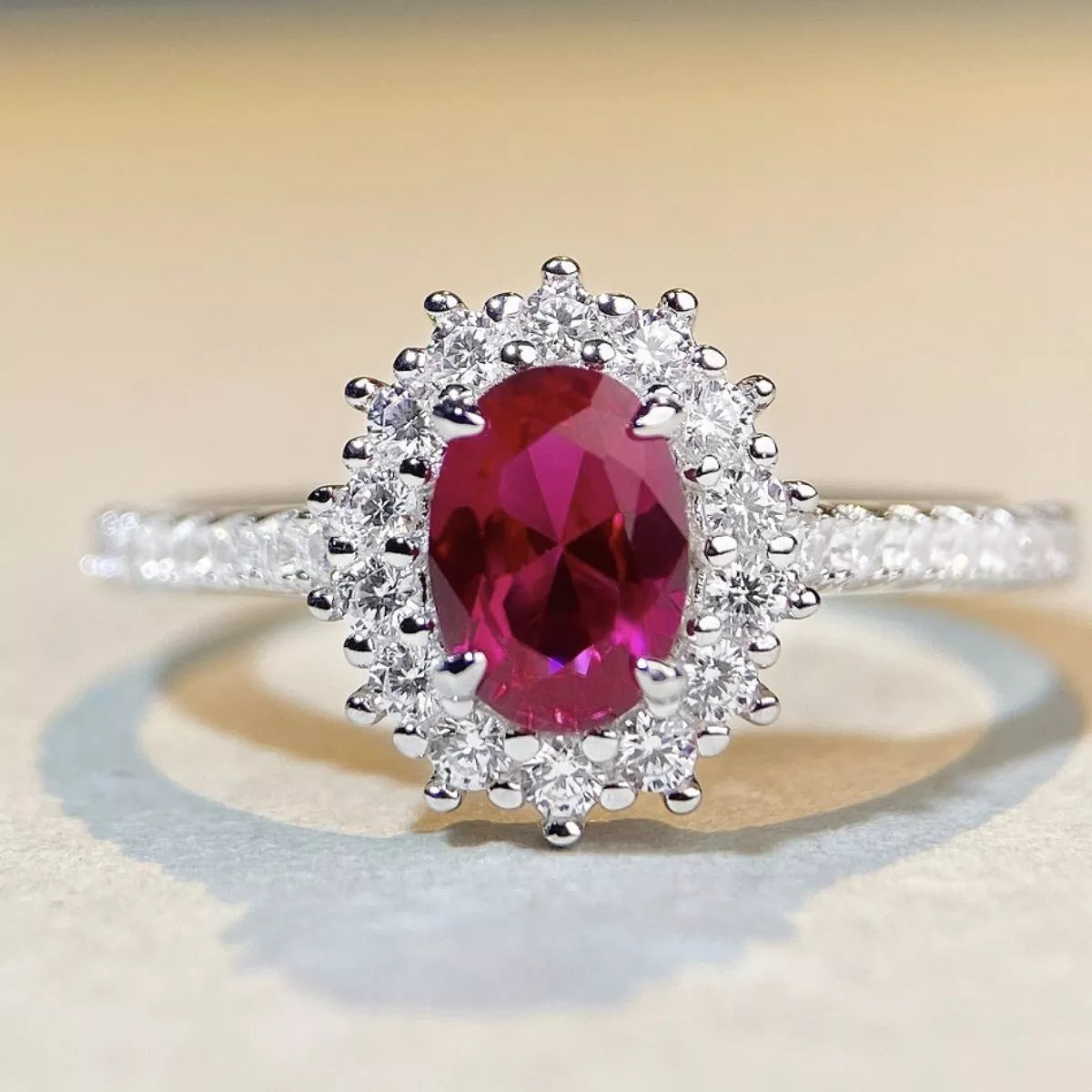 Sterling Silver Zircon Oval Ring in Deep Rose - women's ring
