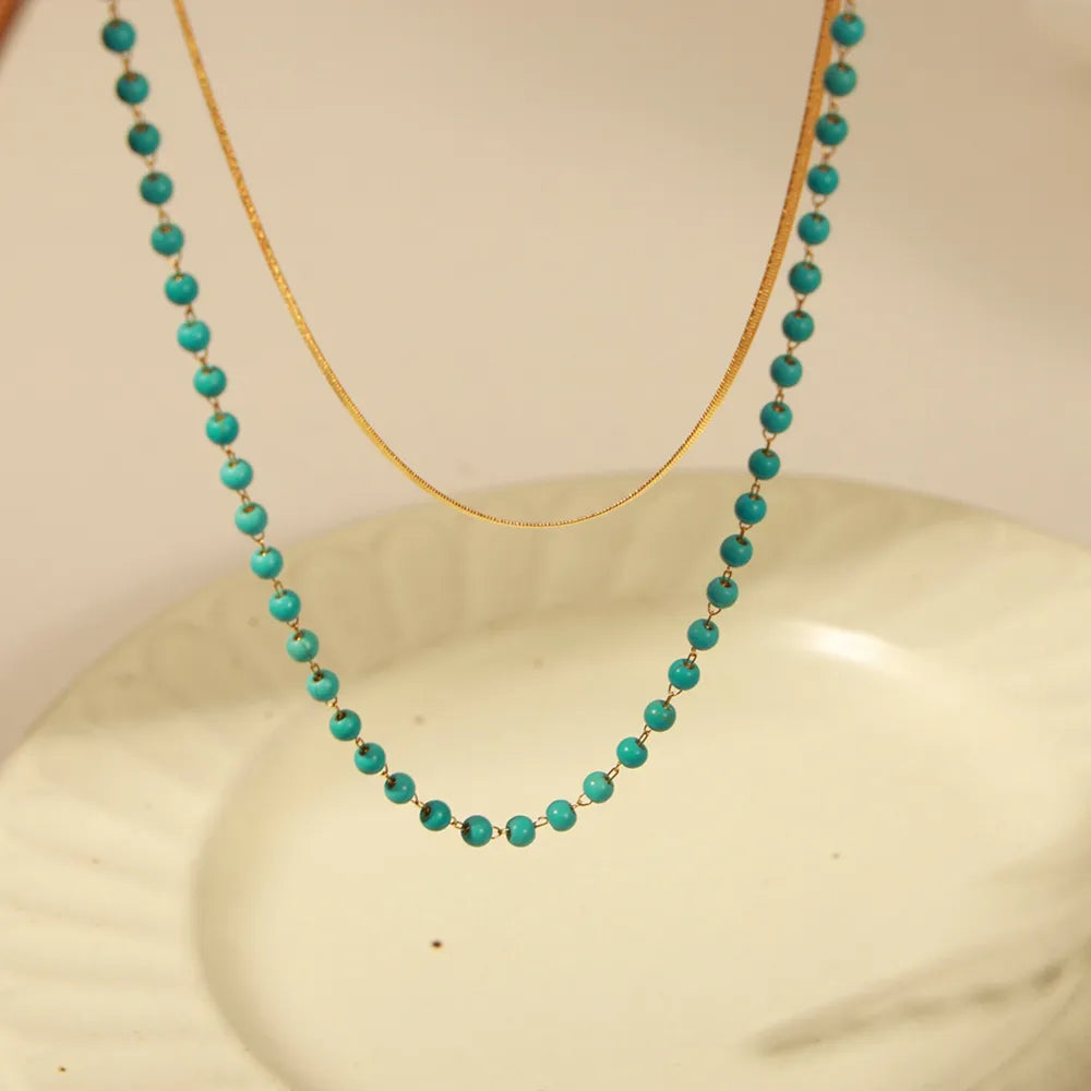 Turquoise Titanium Steel Double-Layered Necklace - alternate necklace view
