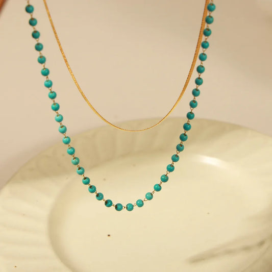 Turquoise Titanium Steel Double-Layered Necklace - alternate necklace view