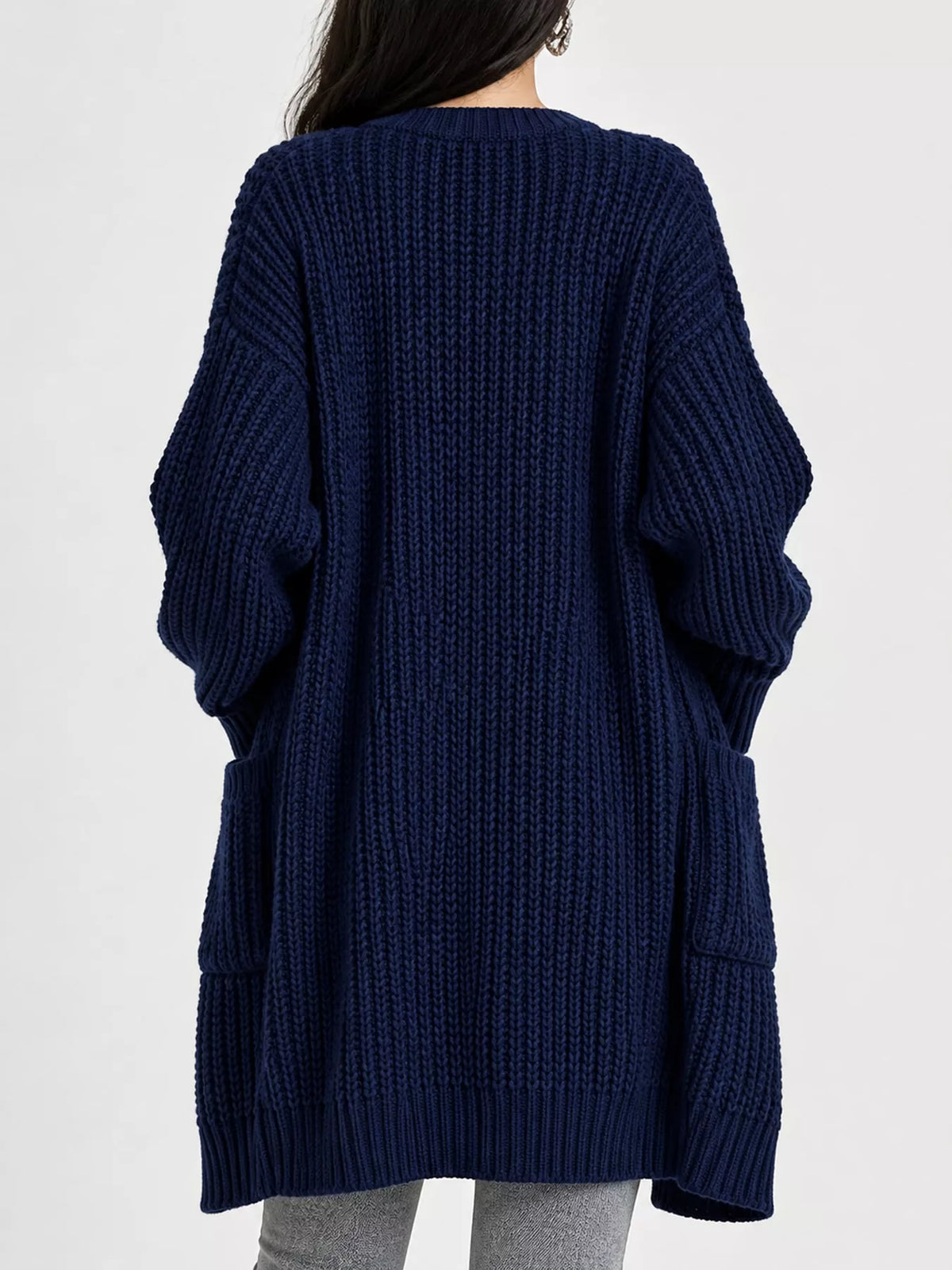 Chunky-Knit Openwork Front Longline Cardigan in Navy - women's cardigan