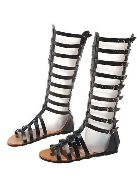 Strappy Sandals with Multiple Buckles in Gold - women's strappy flat sandals