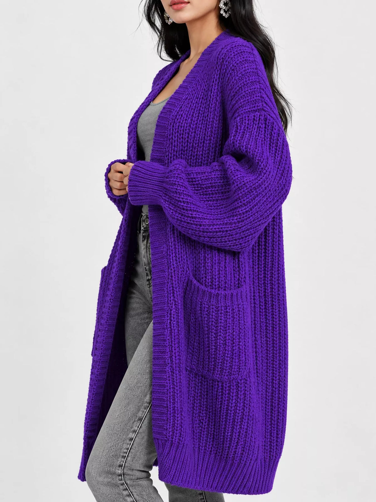 Chunky-Knit Openwork Front Longline Cardigan in Light Blue - women's cardigan