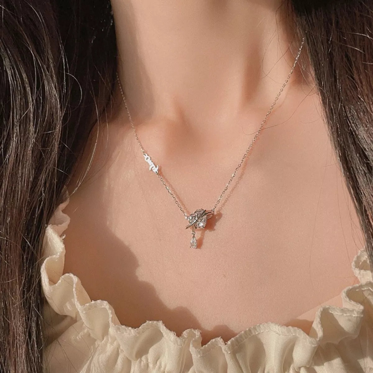 Sterling Silver Zircon Heart Necklace - alternate necklace view