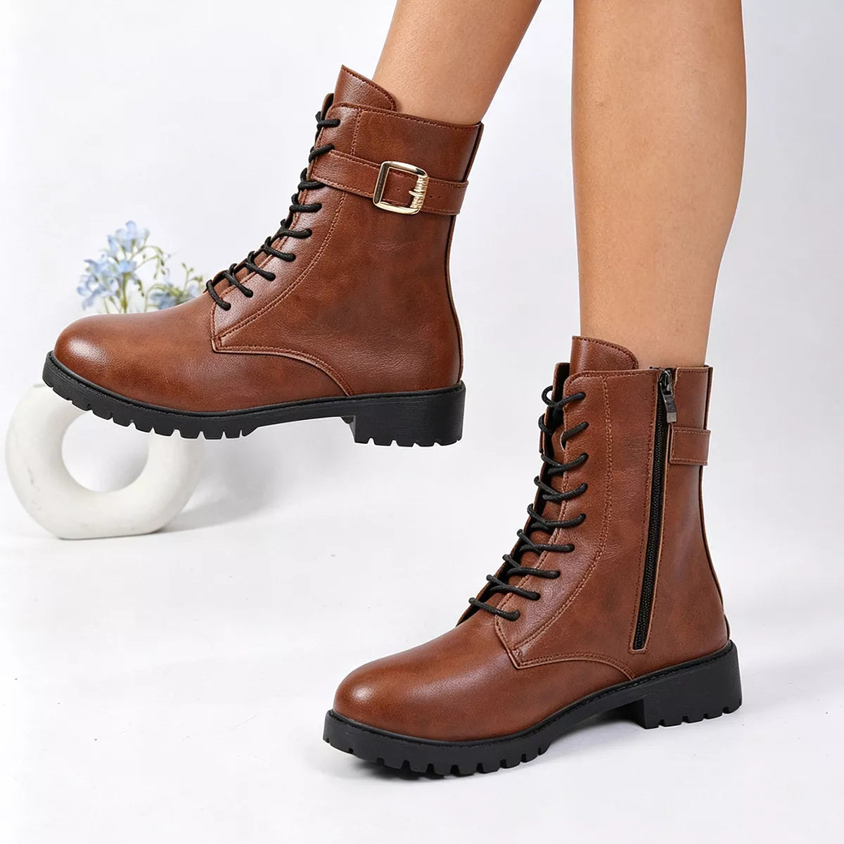 Round-Toe Lace-Up Boots in Coffee Brown - women's boots