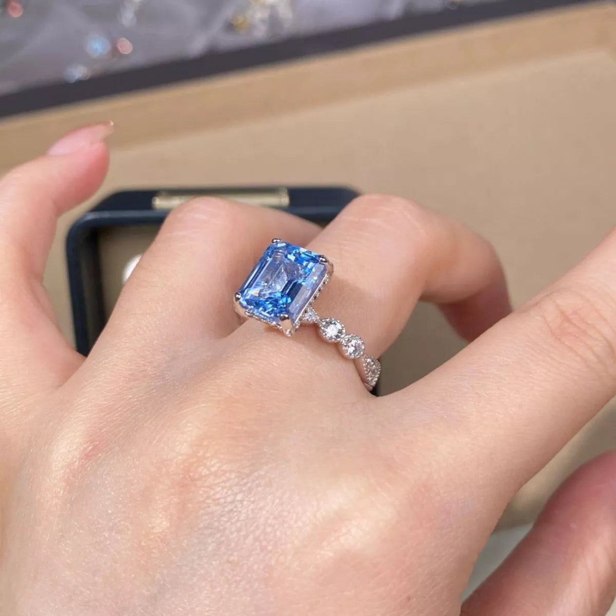 Sterling Silver Zircon Geometric Ring in Pastel Blue - women's ring