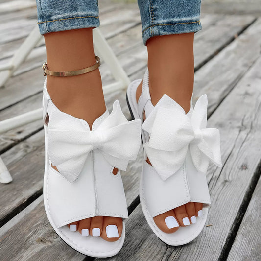 Open-Toe Bow Sandals in White - women's flat sandals