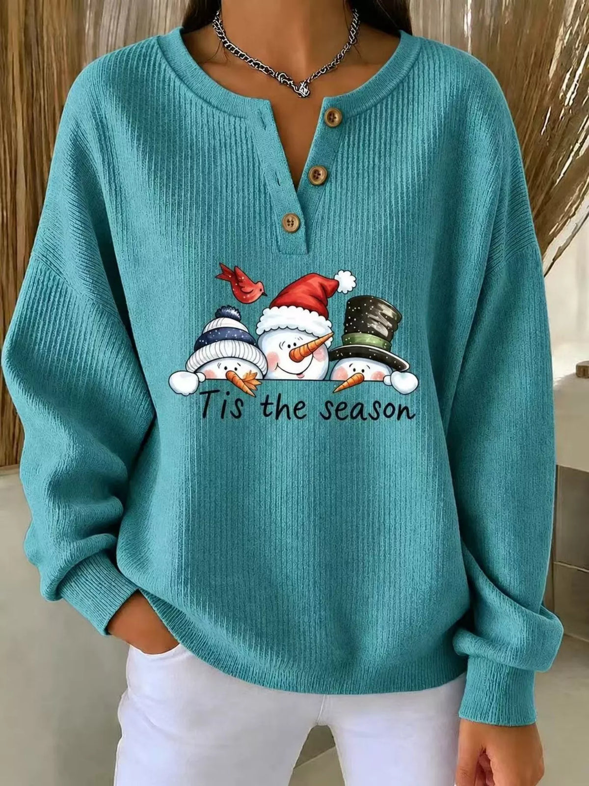 Christmas Themed Snowman Graphic Ribbed Henley Sweatshirt in Turquoise - women's sweatshirt