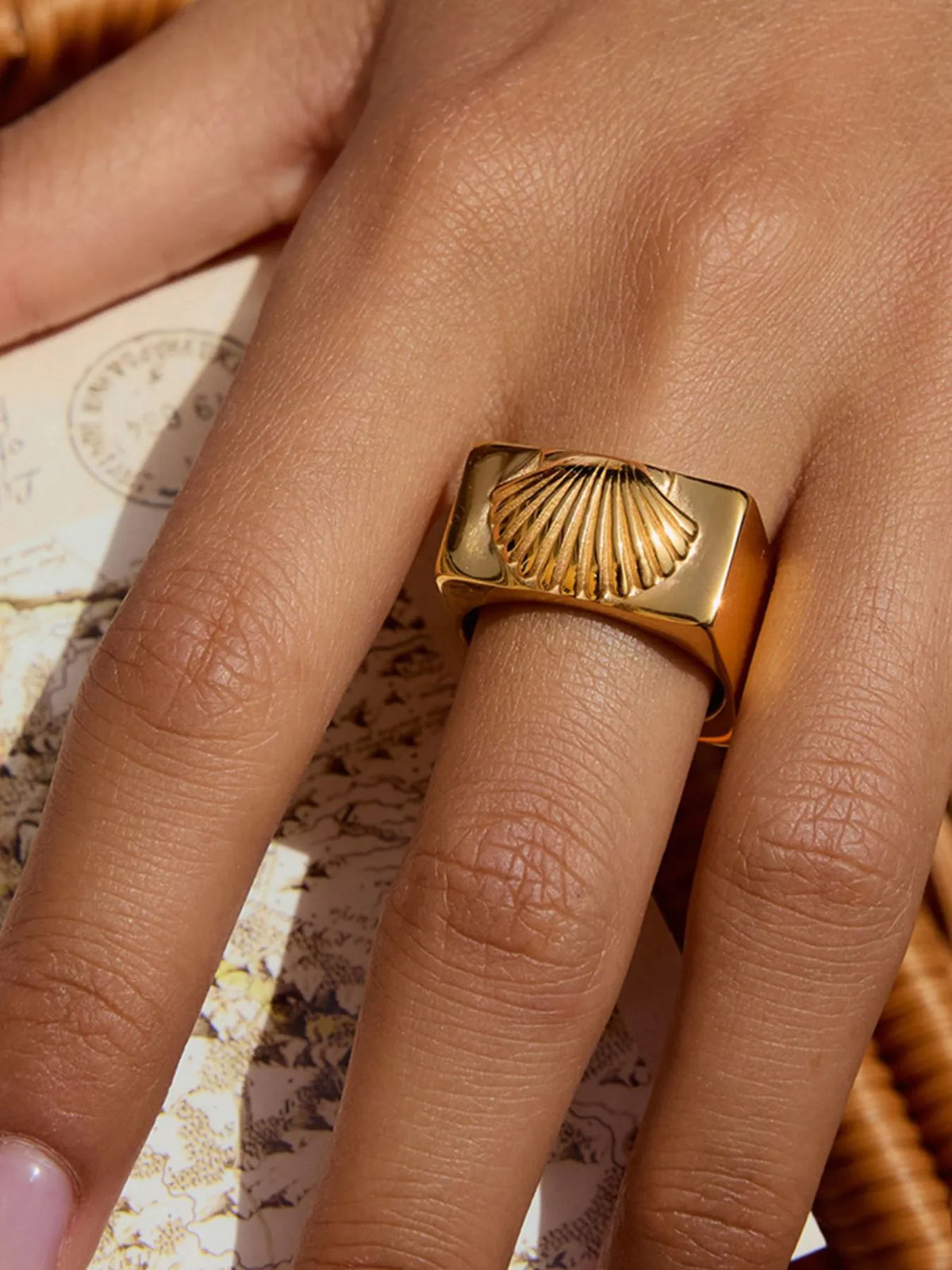 Vintage Shell Pattern Gold Signet Ring in Gold - women's signet ring