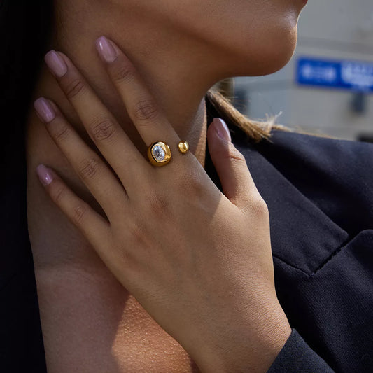 18K Gold-Plated Rhinestone Open Ring in Gold - women's open ring