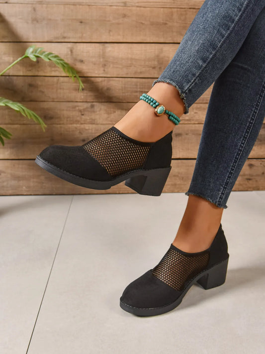 Mesh Panel Block Heel Pumps in Black - women's heels