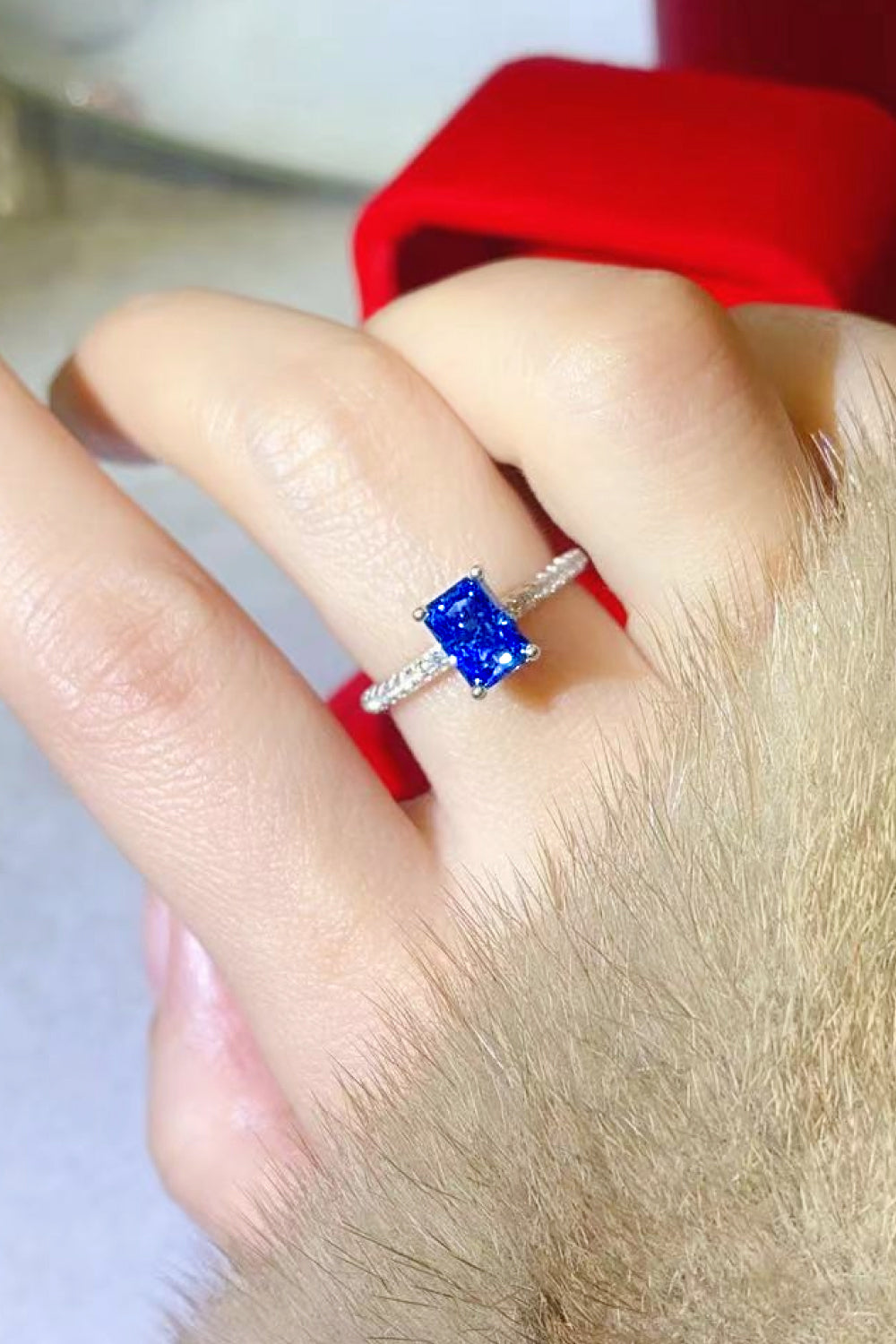 1 Carat Moissanite Sterling Silver Rectangle Ring in Blue in Blue - women's ring