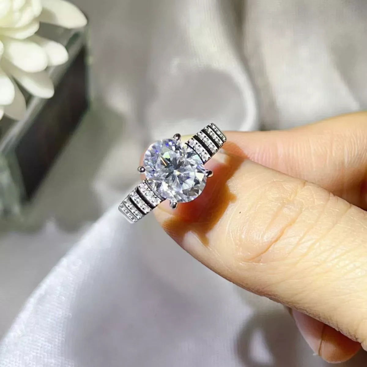 3 Carat Moissanite Oval Sterling Silver Ring in Silver - women's ring