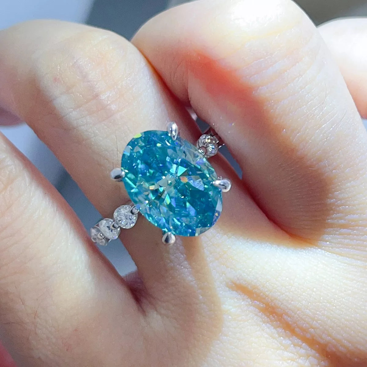 10 Carat Sterling Silver Moissanite Oval Ring in Cerulean - women's ring