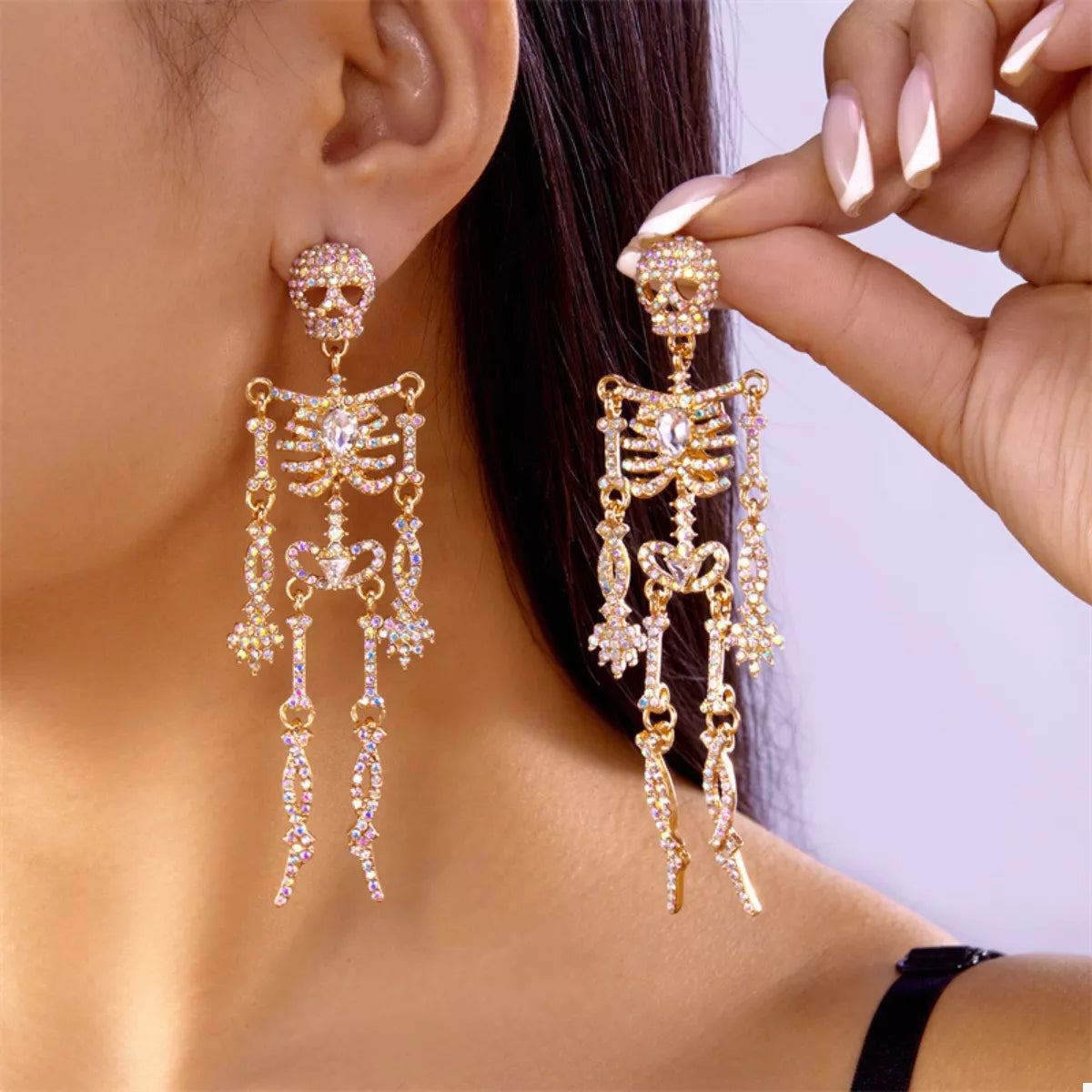 Halloween Skeleton Skull Zircon Drop Earrings in Gold - women's drop earrings