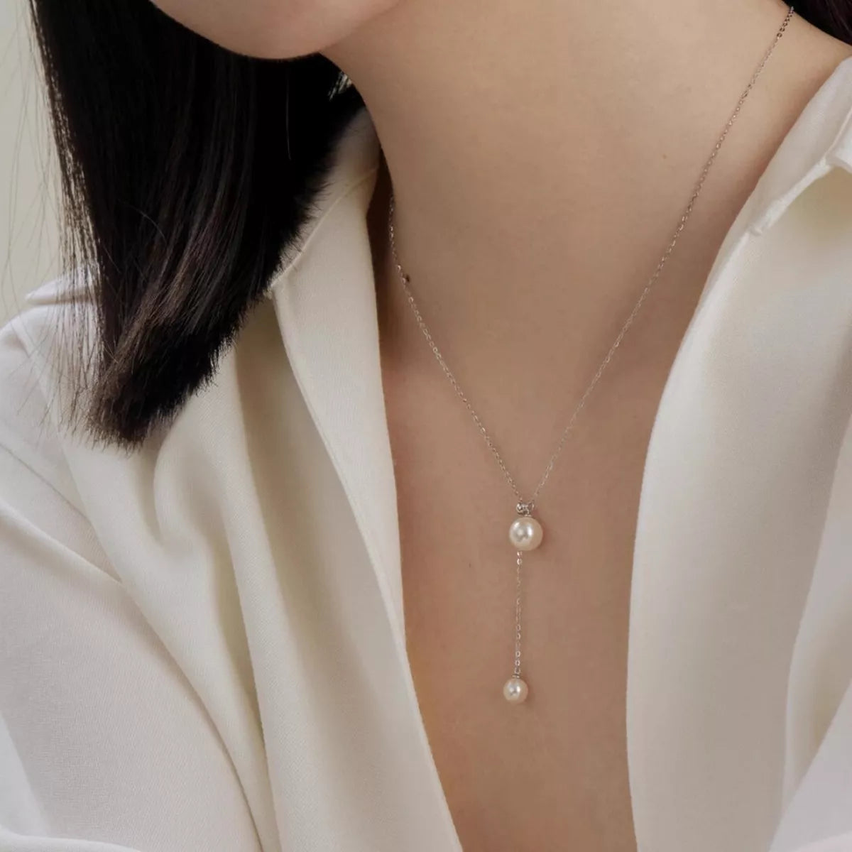 Pearl Pendant Y Necklace in Silver - women's pendant necklace