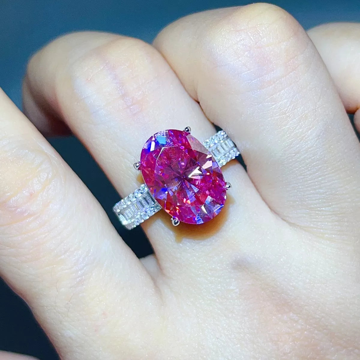 8 Carat Sterling Silver Moissanite Oval Ring in Pink - women's ring