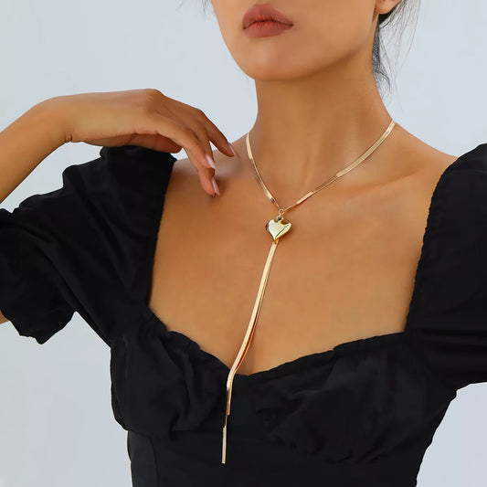 Gold-Tone Herringbone Chain Necklace with Heart Pendant Lariat Design - alternate necklace view