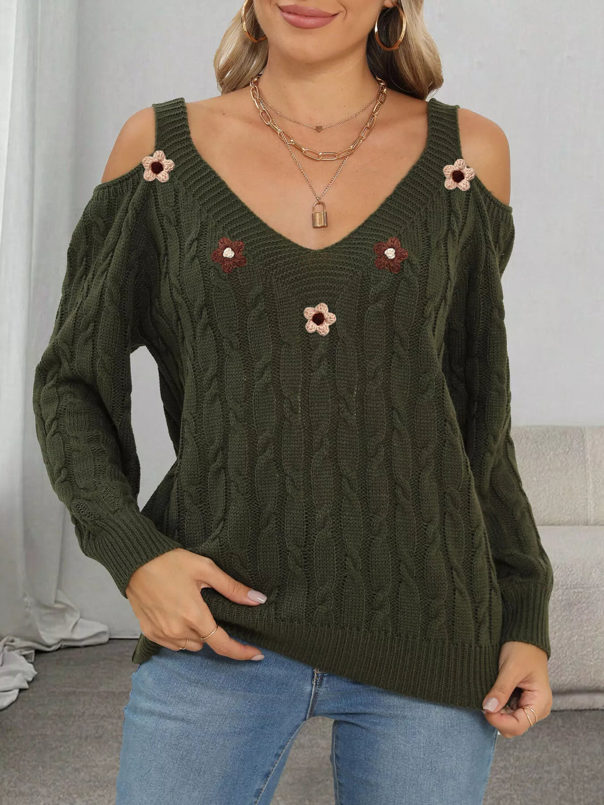Floral Applique Cold Shoulder Cable-Knit Sweater in Military Green - women's sweater