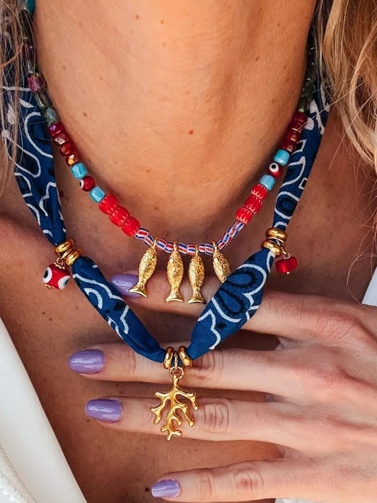 2-Piece Coral and Fish Pendant Necklace in Navy - women's pendant necklace
