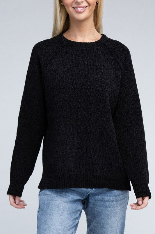 Chenille Side‑Slit Crew Sweater