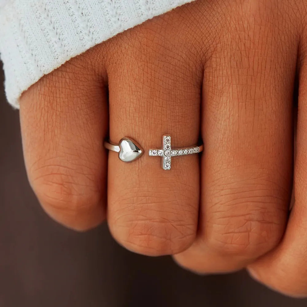 Heart Shape Cross Inlaid Zircon Open Ring in Rose Gold - women's open ring