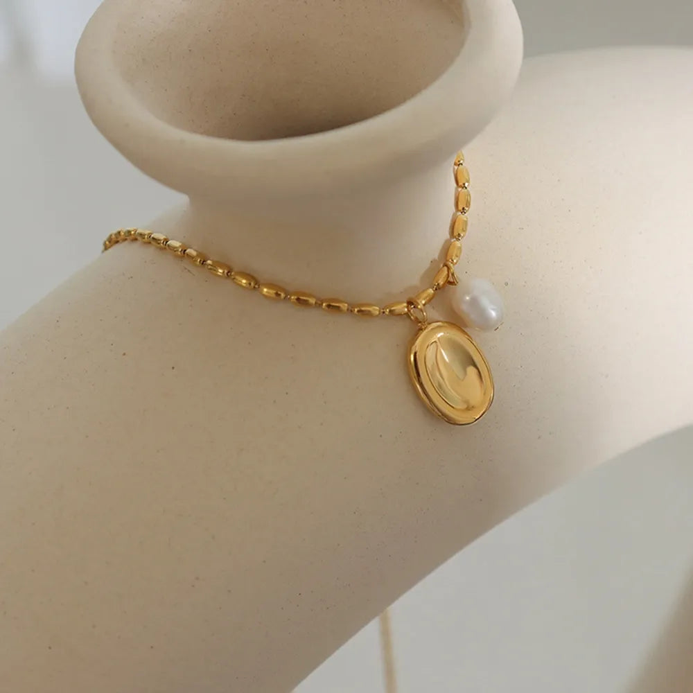 Titanium Steel Freshwater Pearl Pendant Necklace - alternate necklace view