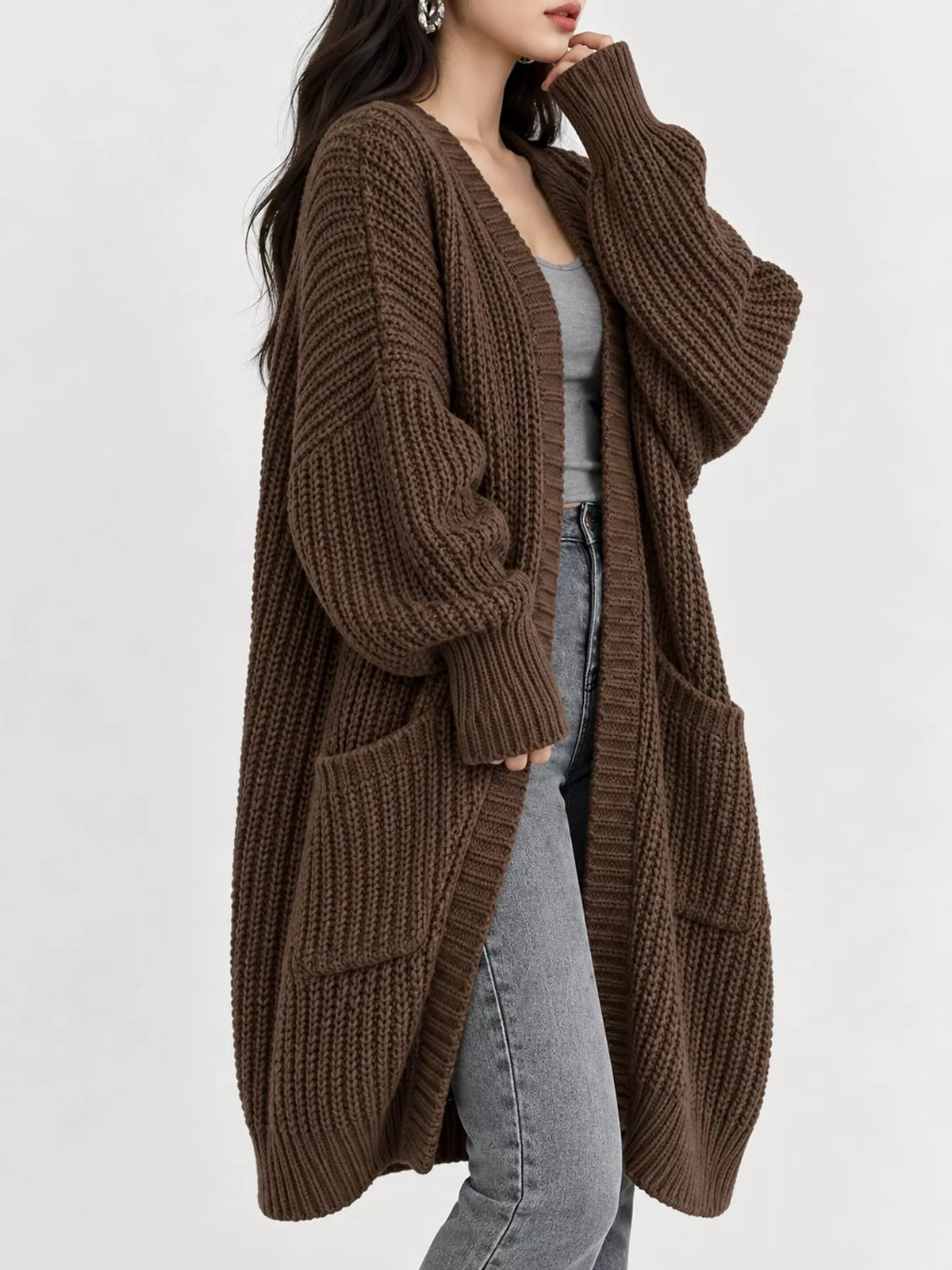 Chunky-Knit Openwork Front Longline Cardigan in Navy - women's cardigan