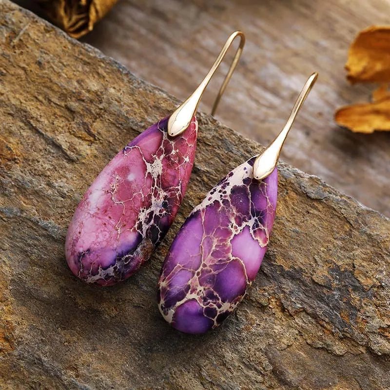 Teardrop Shape Natural Stone Dangle Earrings in Lavender/Gold - women's dangle earrings