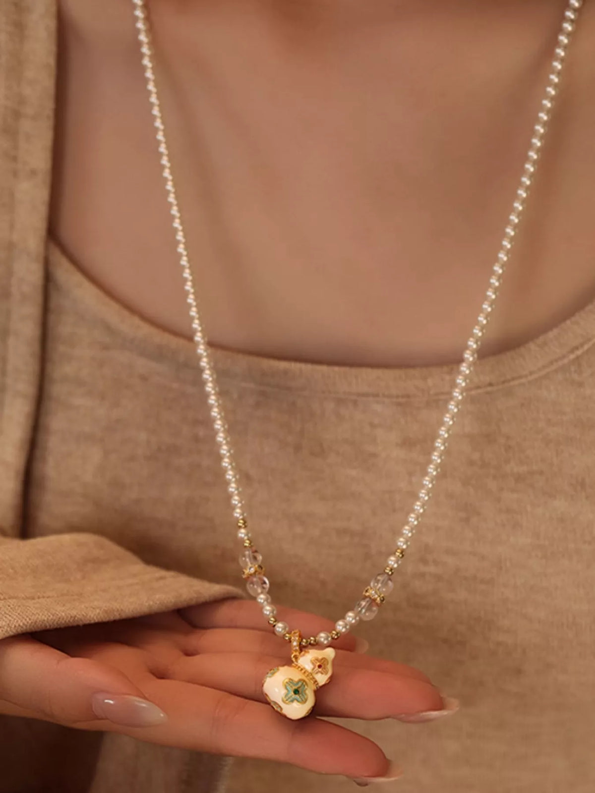 18K Gold-Plated Gourd Pendant Necklace - alternate necklace view