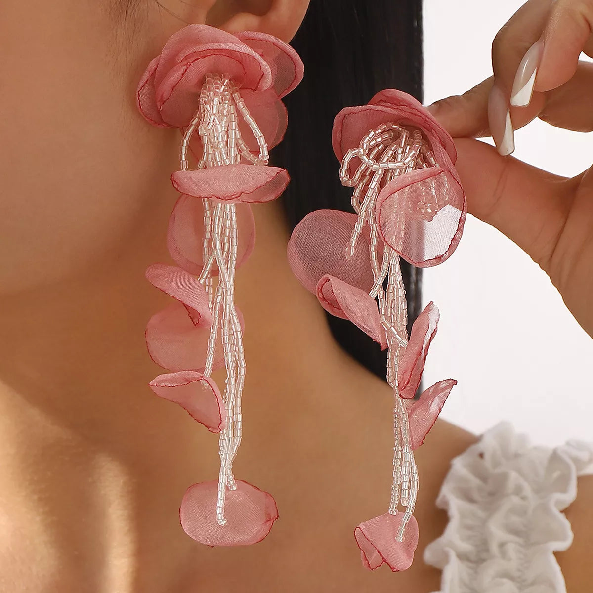 Floral Petal Beaded Tassel Drop Earrings in Pink - women's drop earrings