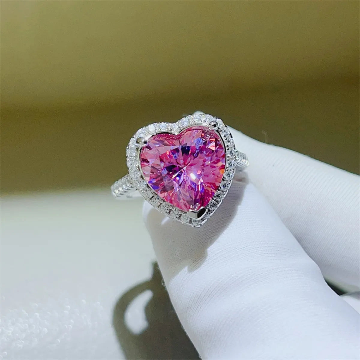 5 Carat Moissanite Sterling Silver Heart Ring in Fuchsia Pink - women's ring