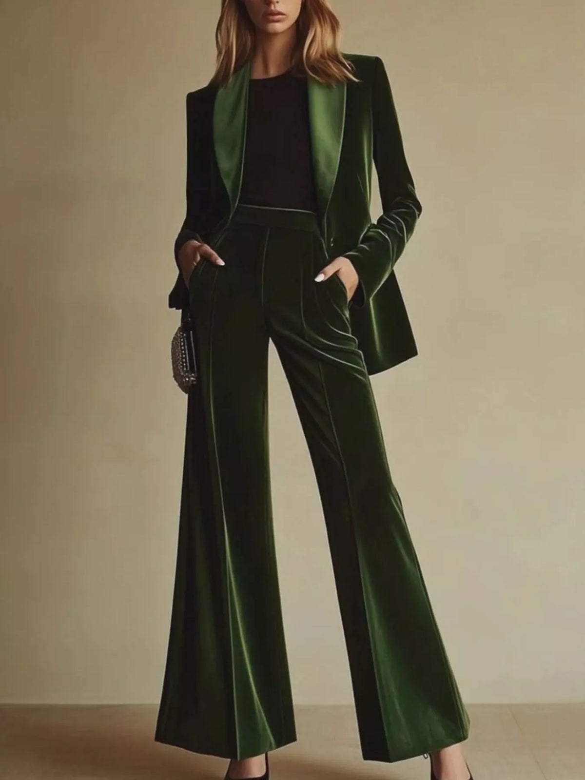 Velvet Blazer and Wide-Leg Pants Set in Green - Blossom's