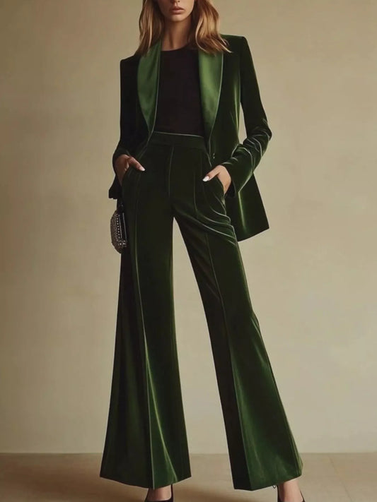 Velvet Blazer and Wide-Leg Pants Set in Green - Blossom's