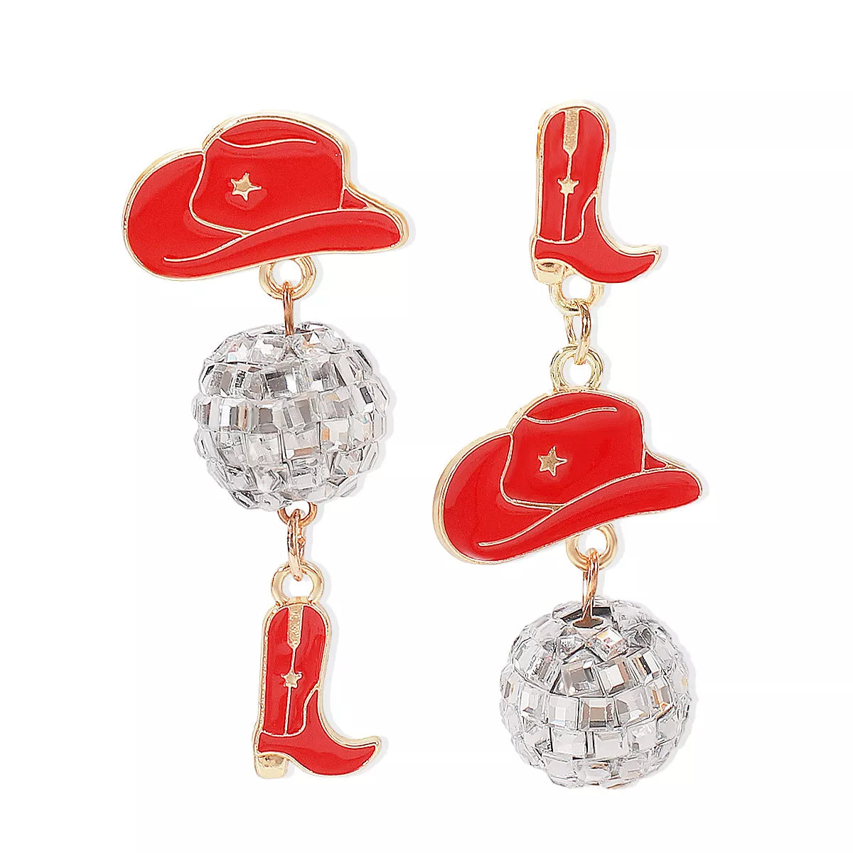 Asymmetrical Cowgirl Boot Hat Ball Dangle Earrings in Blue - women's dangle earrings