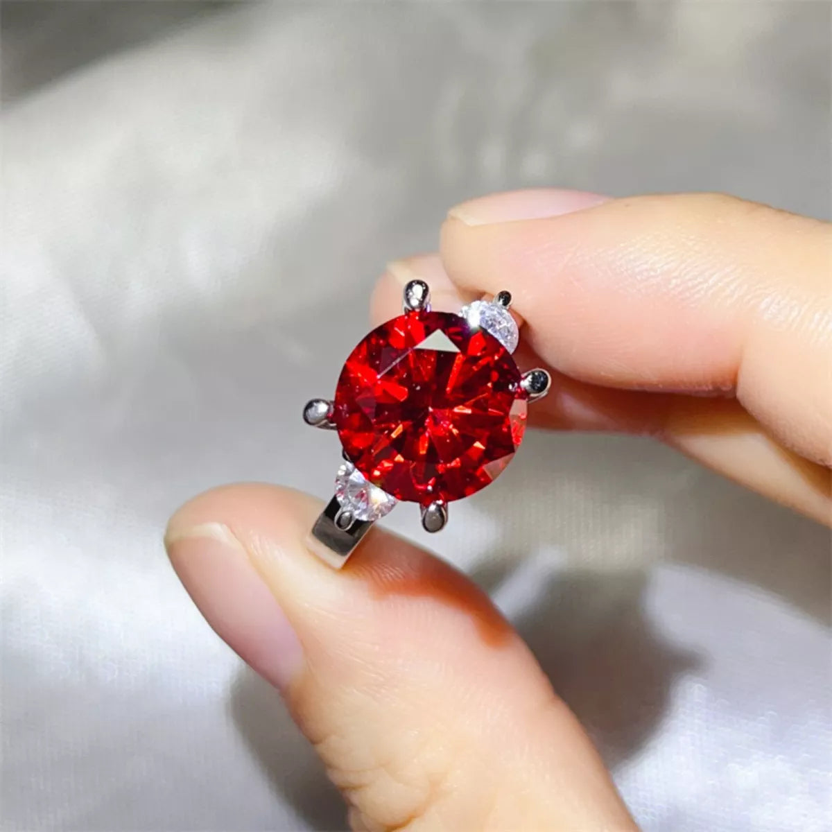 5 Carat Moissanite Sterling Silver Ring in Red - women's ring