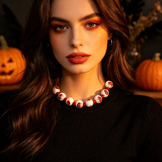 Halloween Eyeball Beaded Necklace in Burgundy - women's necklace